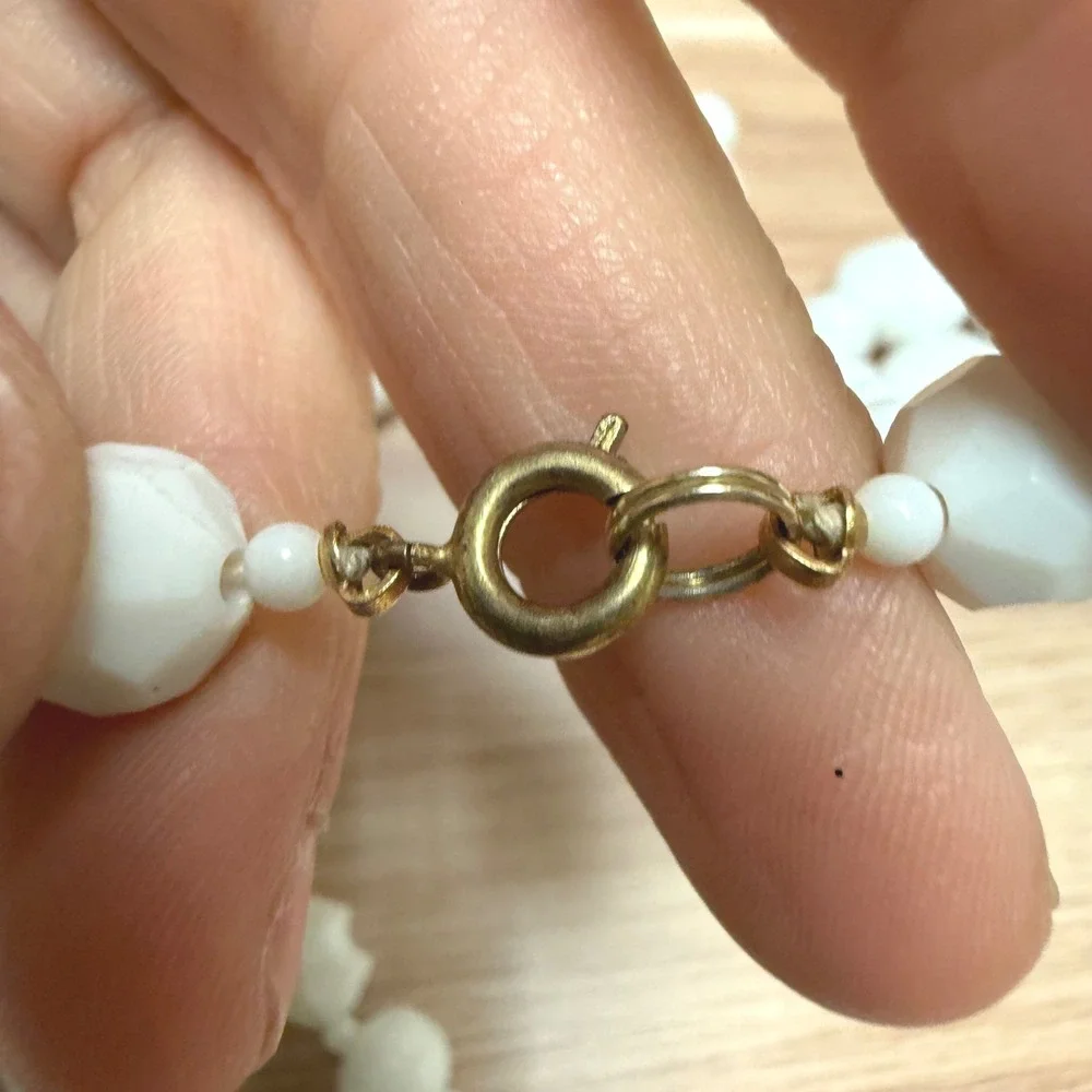 Vintage Milk Glass Bead Necklace White Ribbed Faceted Long Strand 52 Inch